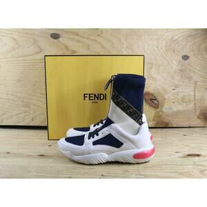 Fendi Sneakers Mens Sz 8 Mania  Logo Sock Leather Printed Knitted Athletic